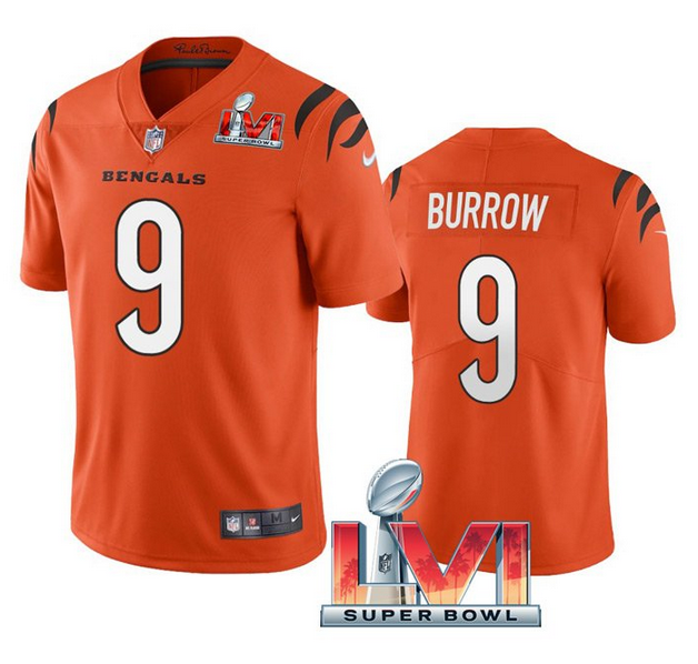 Men's Cincinnati Bengals #9 Joe Burrow 2022 Orange Super Bowl LVI Vapor Limited Stitched Jersey Men's Cincinnati Bengals #9 Joe Burrow 2022 Orange Super Bowl LVI Vapor Limited Stitched Jersey